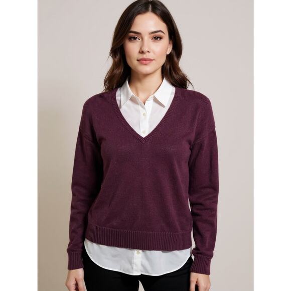 Lauren Ralph Lauren Burgundy V-neck Sweater with Attached Blouse XL Preppy - Picture 1 of 8